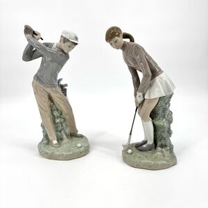 Lladro Signed (set-of-2) Man & Woman Golfer Glazed Porcelain Figurines
